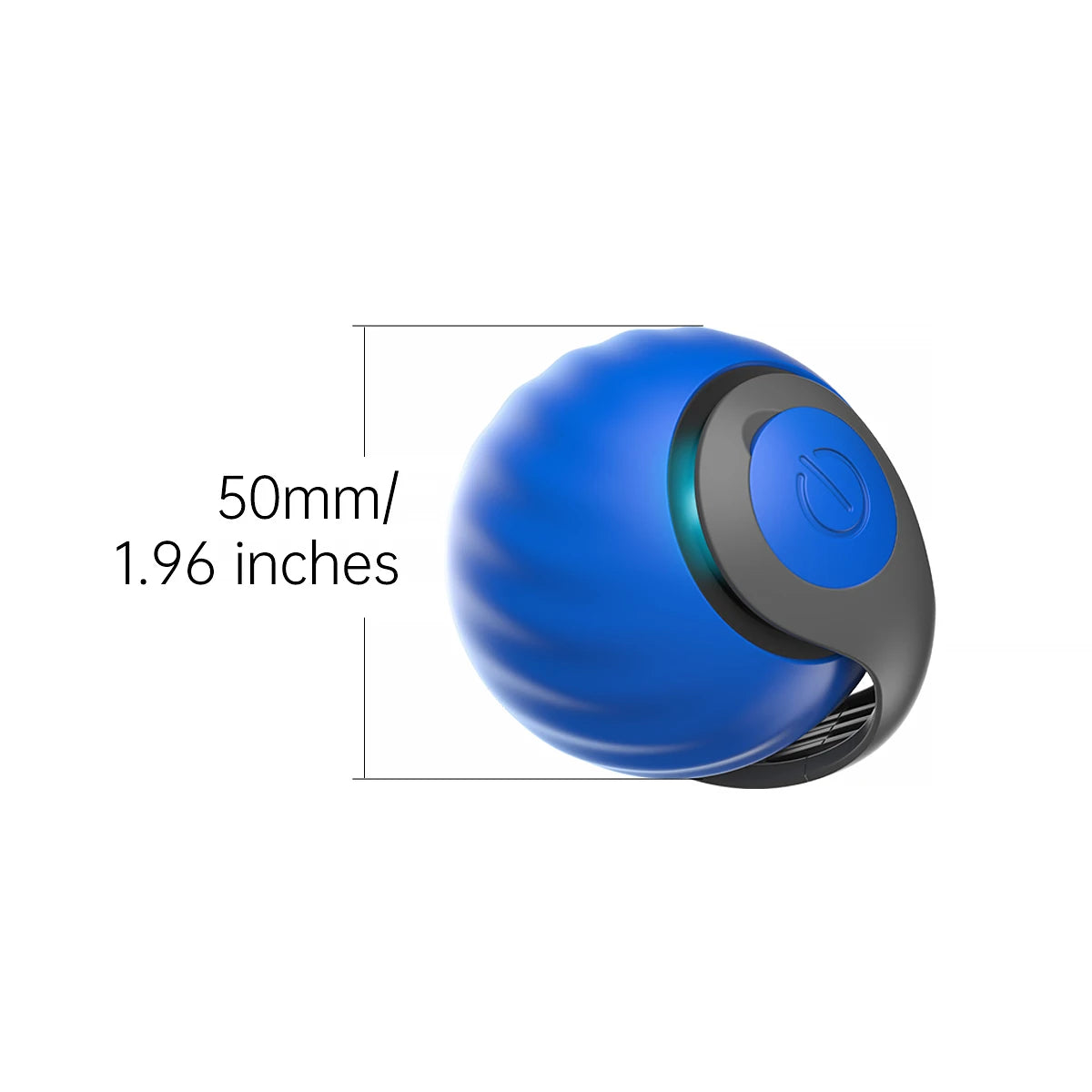 A blue interactive cat toy ball with a black section and a visible measurement of 50mm or 1.96 inches.