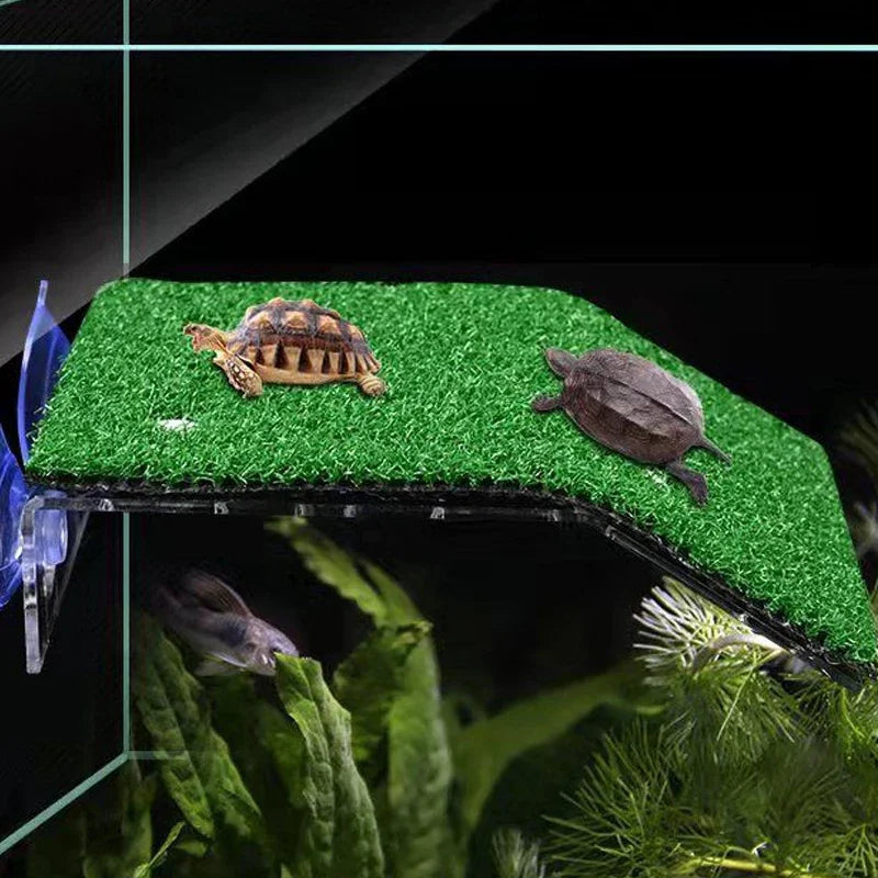 A turtle basking platform featuring a green grass ramp and suction cups, set within an aquarium environment.