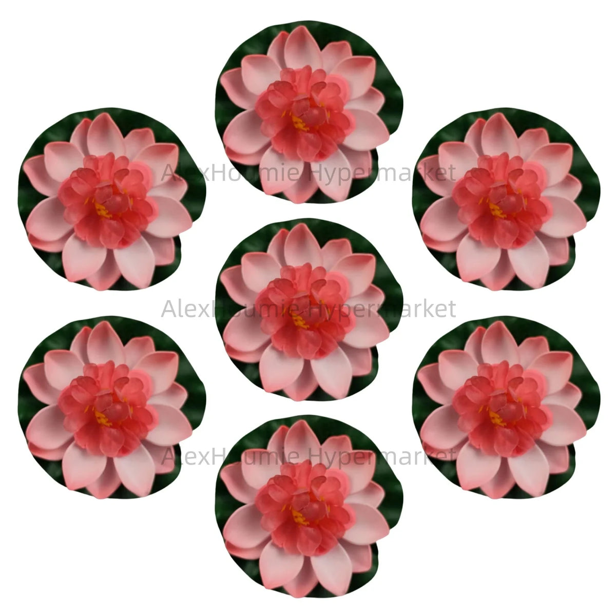 A set of seven pink lotus flowers with water lily pads arranged in a circular pattern.