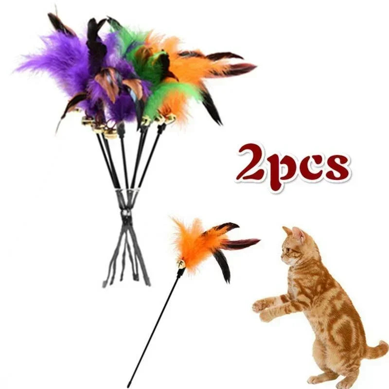 A set of three colorful feather wands for a cat toy featuring purple, green, and orange feathers.