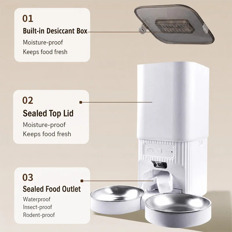 A white pet feeder device showing features like a desiccant box, sealed lid, and food outlet bowls.