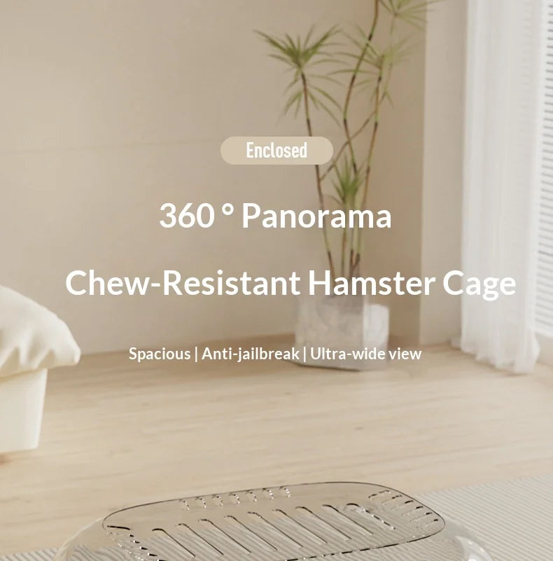 Käfig für Hamster mit 360-Grad-Panoramaansicht in hellem Innenraum.