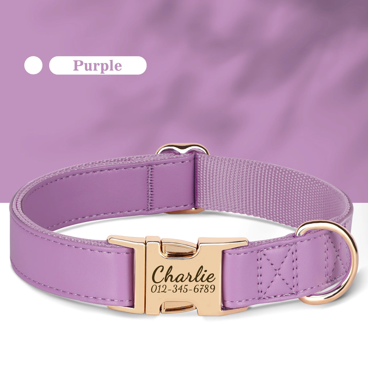 Purple custom engraved leather dog collar with a gold nameplate and buckle.