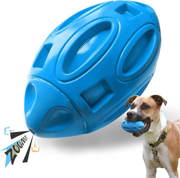 A bright blue rubber squeaky chew ball is being played with by a dog.