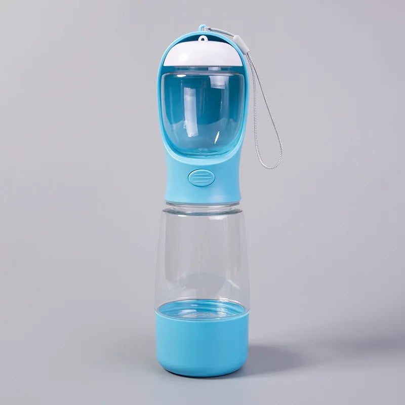 A clear blue and white portable pet water bottle with a leak-proof travel dispenser top.