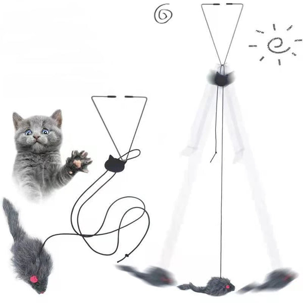 A door-hanging plush cat toy mouse is shown with a kitten and various strings and toys.