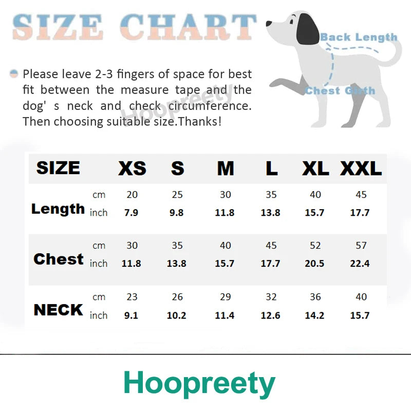 Size chart for a dog jumpsuit showing measurements for length, chest, and neck in centimeters and inches.