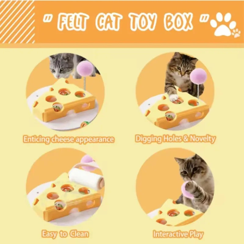A felt cat toy box showing various features like enticing cheese appearance, digging holes, easy cleaning, and interactive pl