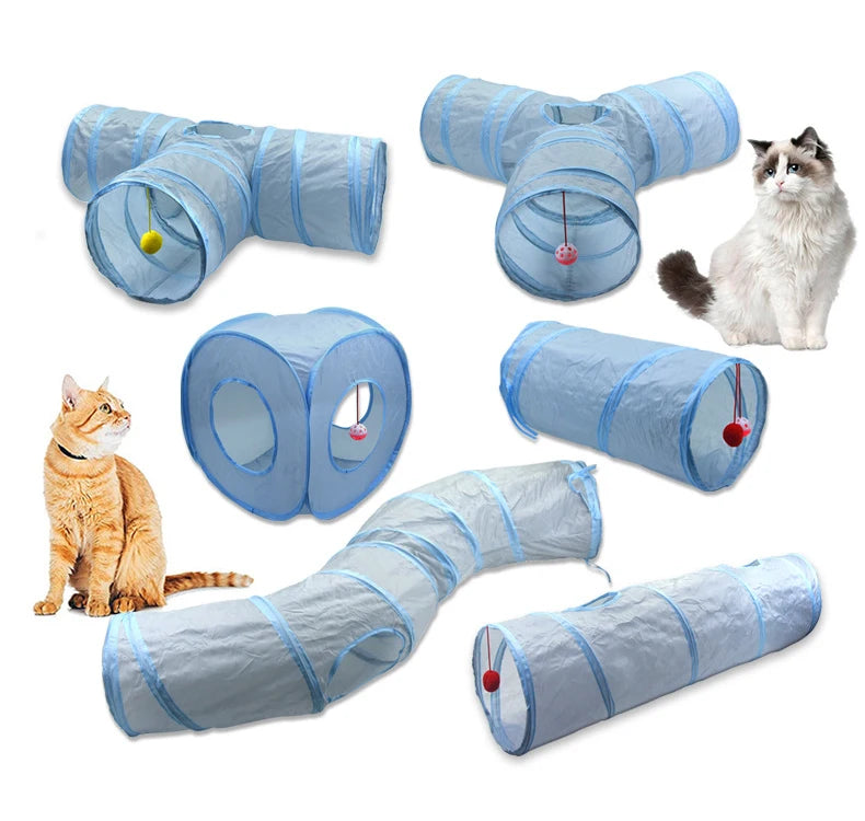 Blue fabric foldable cat tunnel for pets with a peep hole and hanging toys