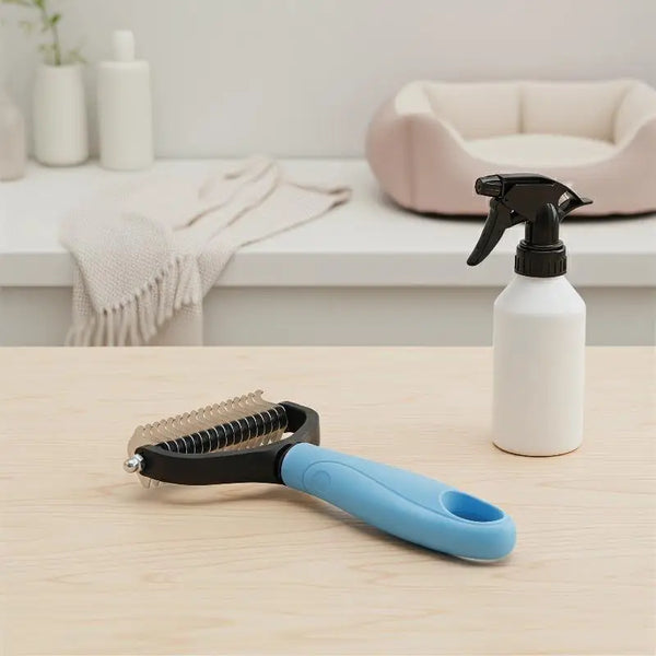 A black and blue 2-in-1 pet dematting and deshedding brush resting on a wooden table.