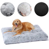 A plush gray pet bed mat with a non-slip base shown alongside various textures and a golden dog resting on the mat.