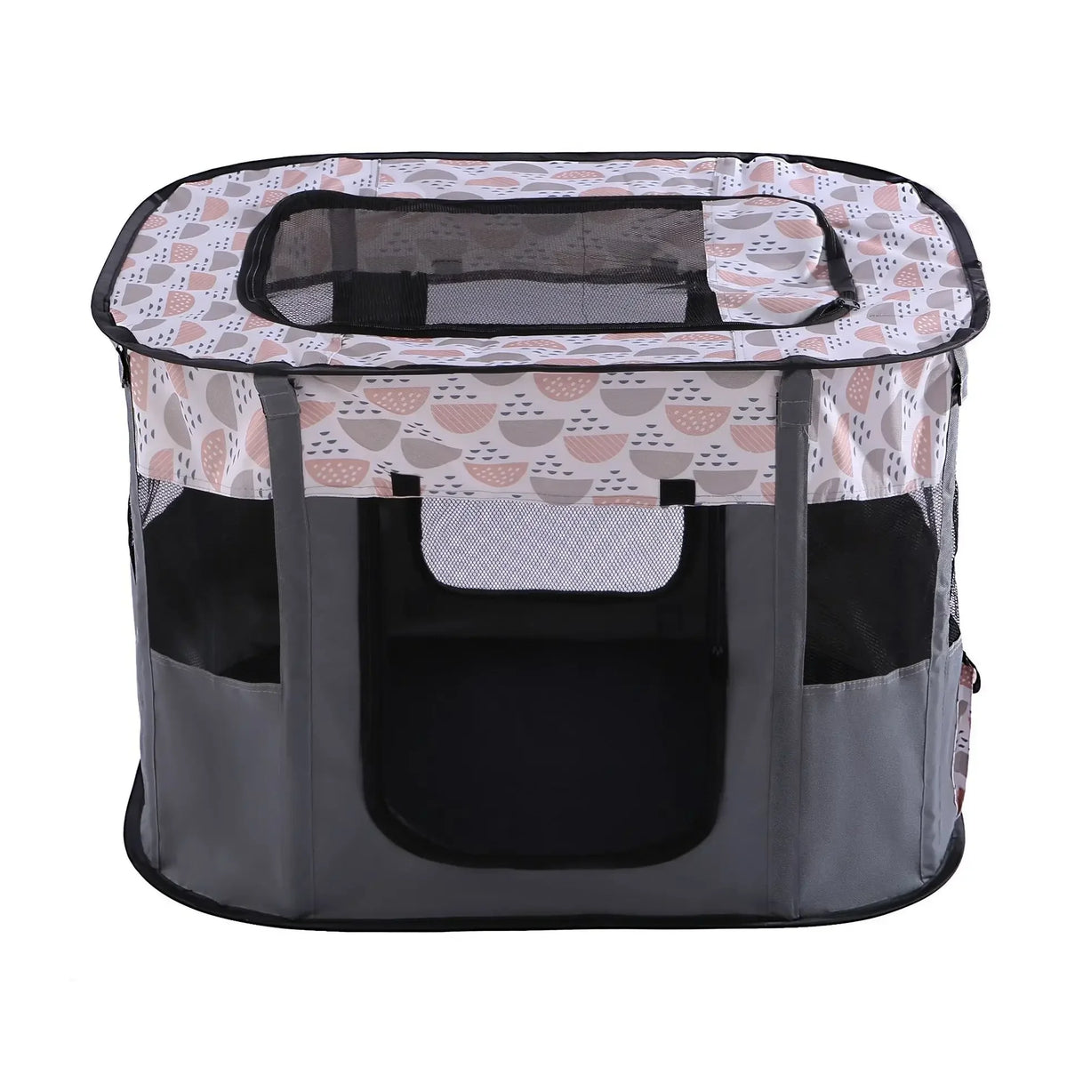 Una jaula plegable para mascotas de juego con cubierta de tela estampada y lados de malla transparente.