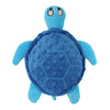 A bright blue, soft toy turtle with large eyes and a textured shell.