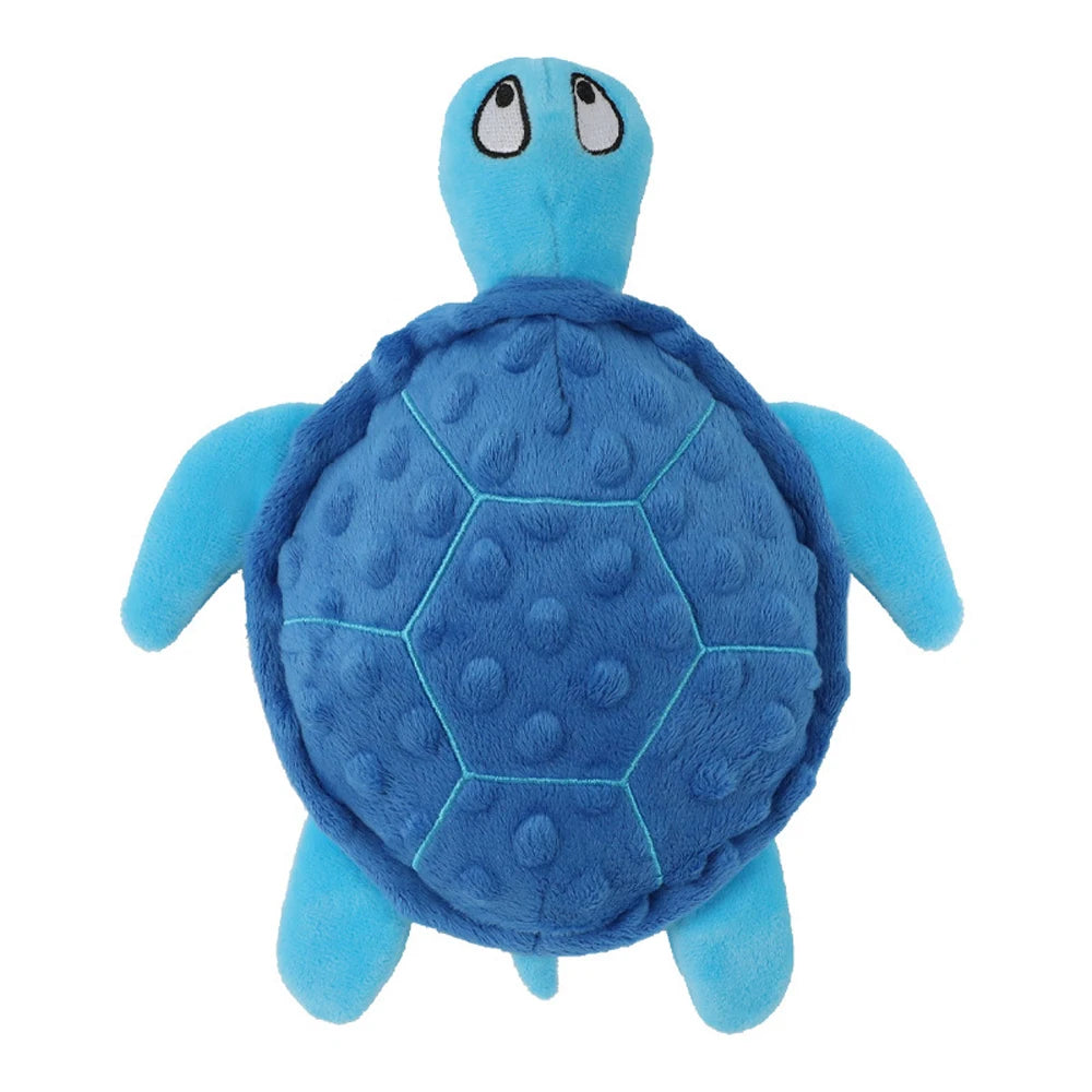 A bright blue, soft toy turtle with large eyes and a textured shell.