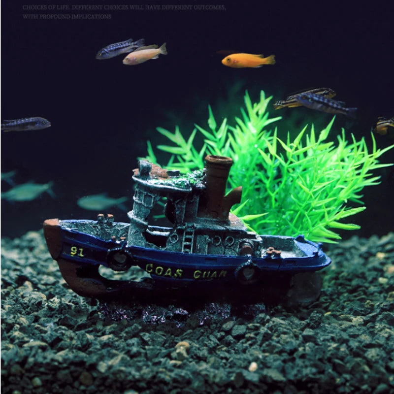 A miniature model of a pirate ship with a cave hideout, used as an aquarium ornament.
