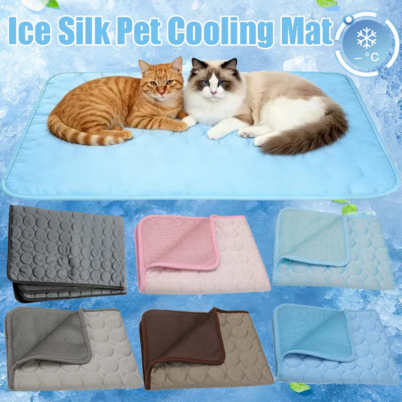 A collection of various colored ice silk pet cooling mats for dogs and cats shown next to a tabby cat.