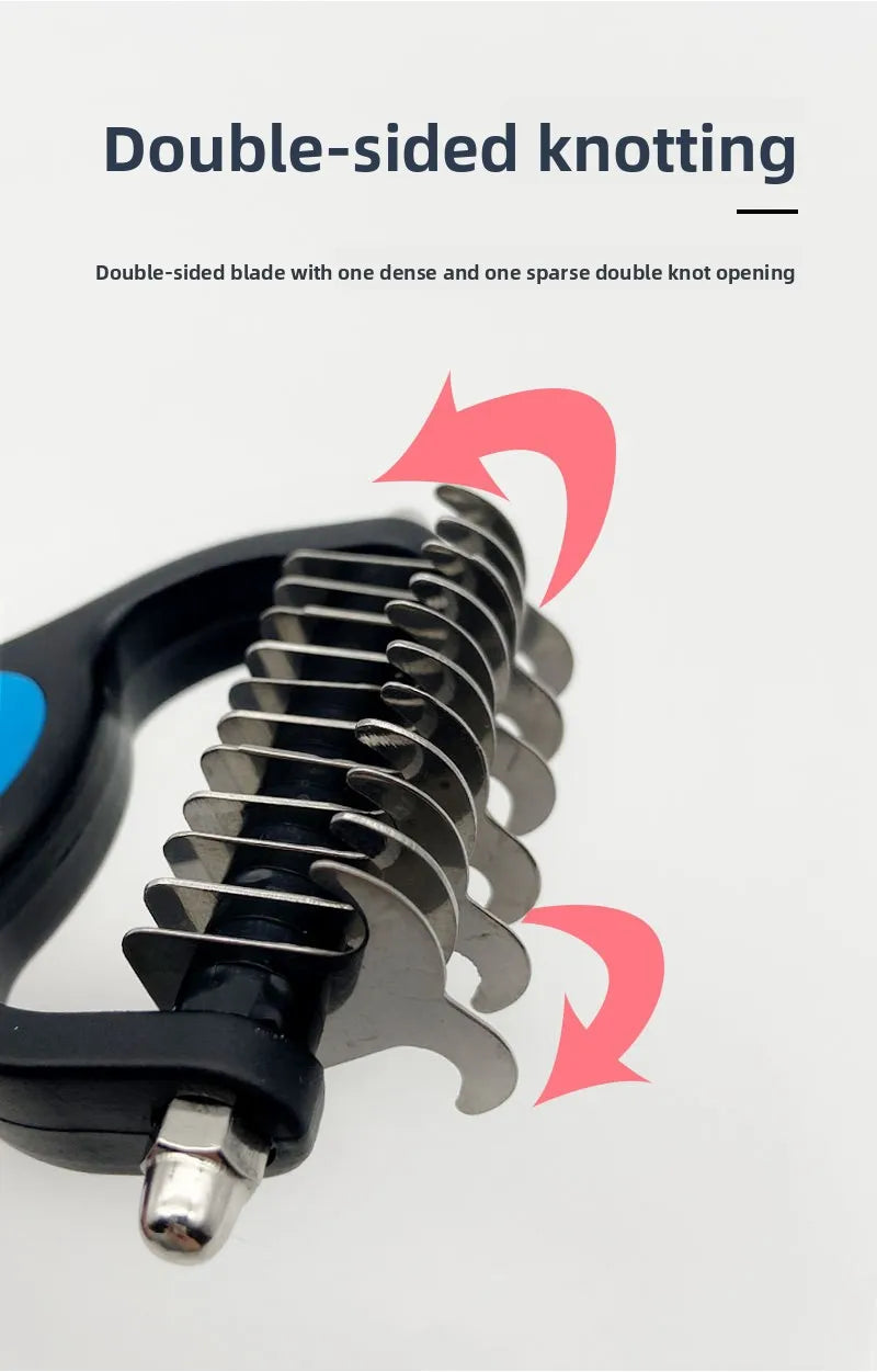 Close-up view of a double-sided knotting brush with serrated teeth and a opening mechanism.