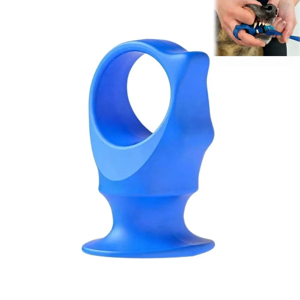 A bright blue silicone pet toothbrush designed for dogs.