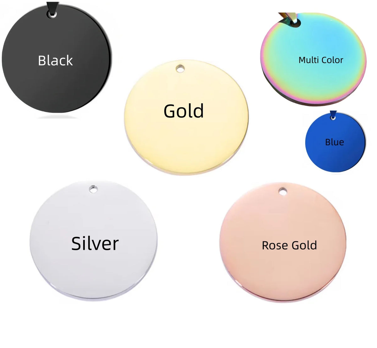 A collection of round stainless steel pet ID tags in various colors including black, gold, silver, blue, and rose gold.