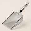 Stainless steel cat litter scoop with a fine mesh sifter and a long handle.