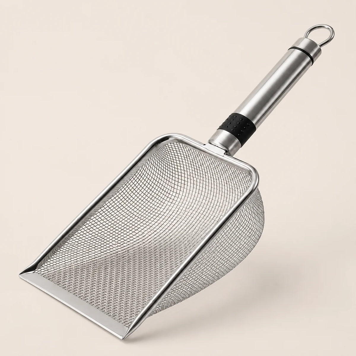 Stainless steel cat litter scoop with a fine mesh sifter and a long handle.