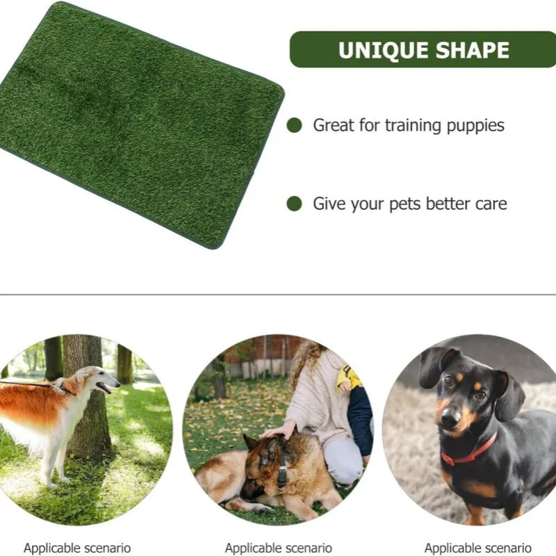 A green washable artificial grass dog potty mat with a unique shape shown alongside images of dogs.