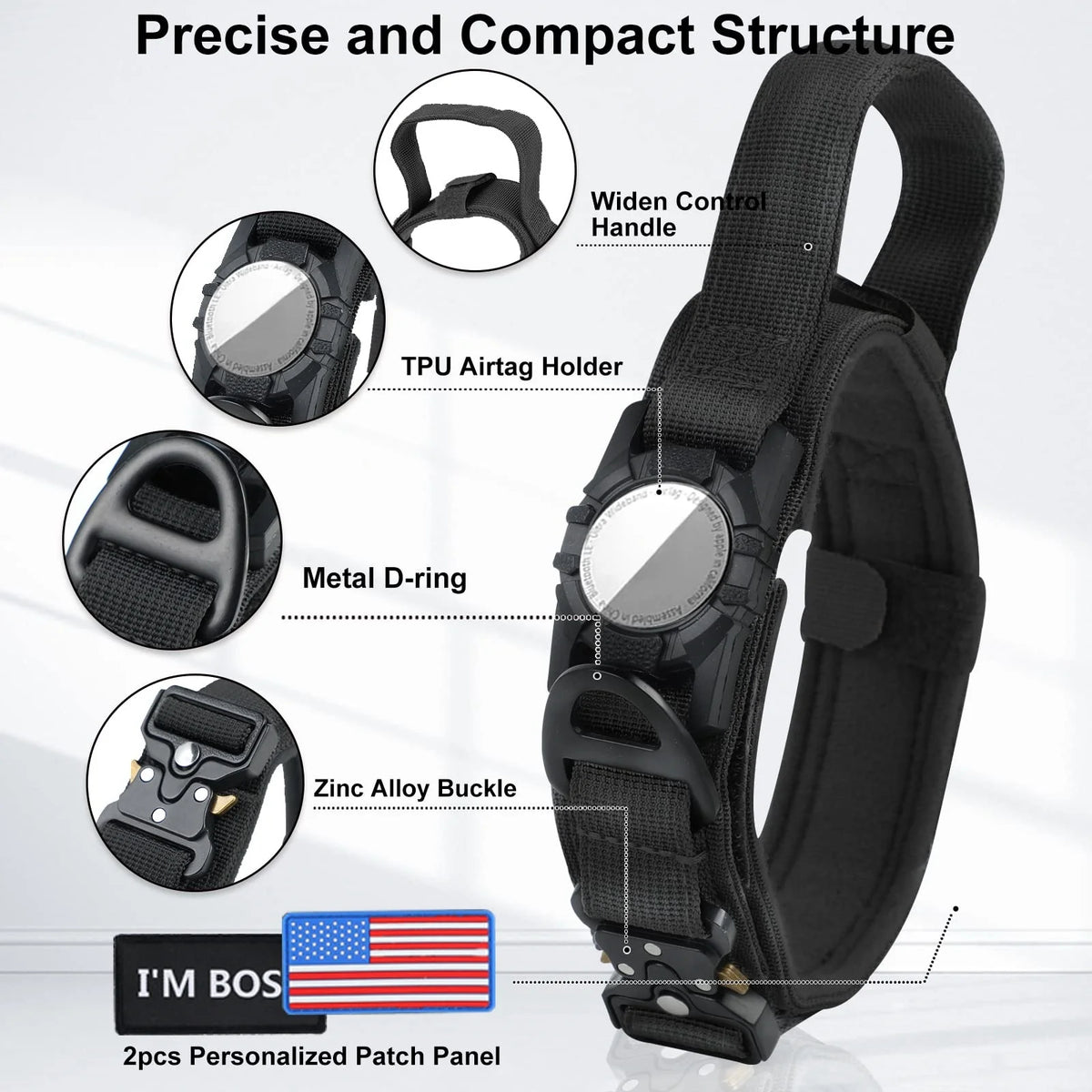 Tactical Dog Collar with AirTag Holder and Control Handle for Medium and Large Dogs