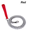 Red heavy-duty anti-chew metal dog leash with a soft handle and silver chain link.