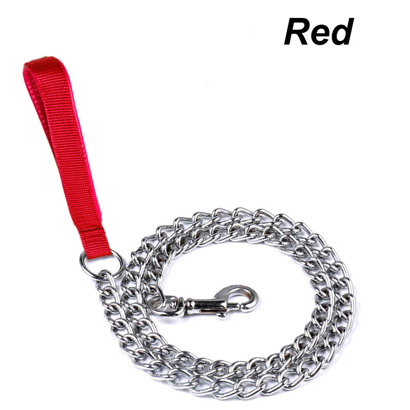 Red heavy-duty anti-chew metal dog leash with a soft handle and silver chain link.