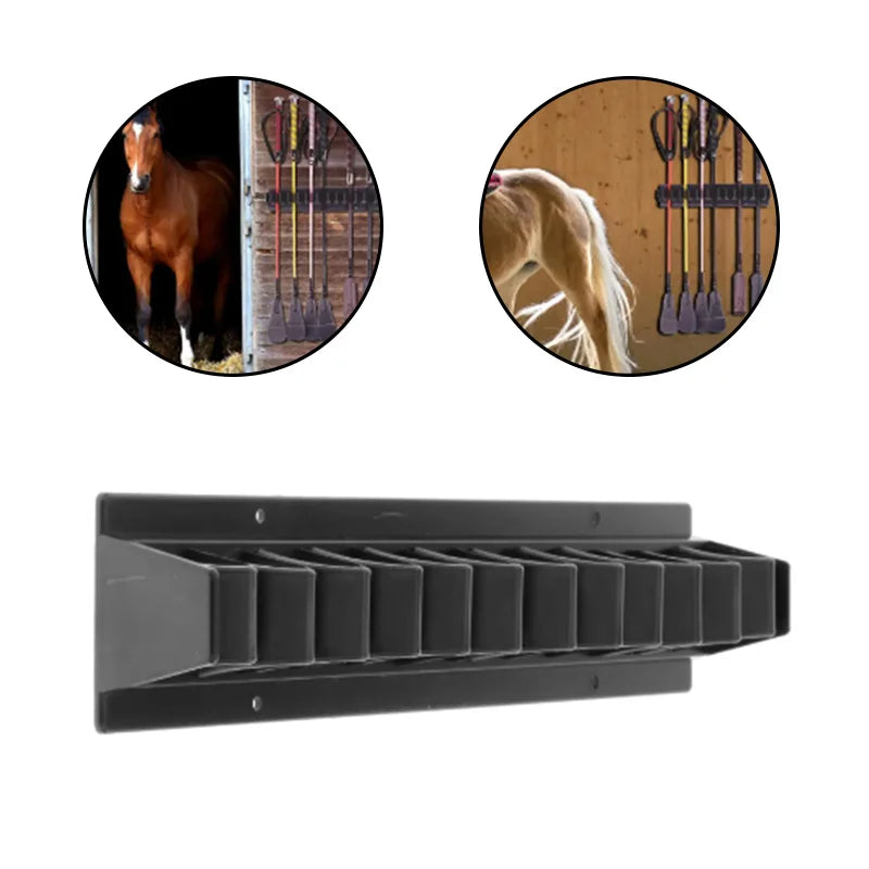 A black wall-mounted equestrian whip rack with multiple slots for storing whips and riding gear.