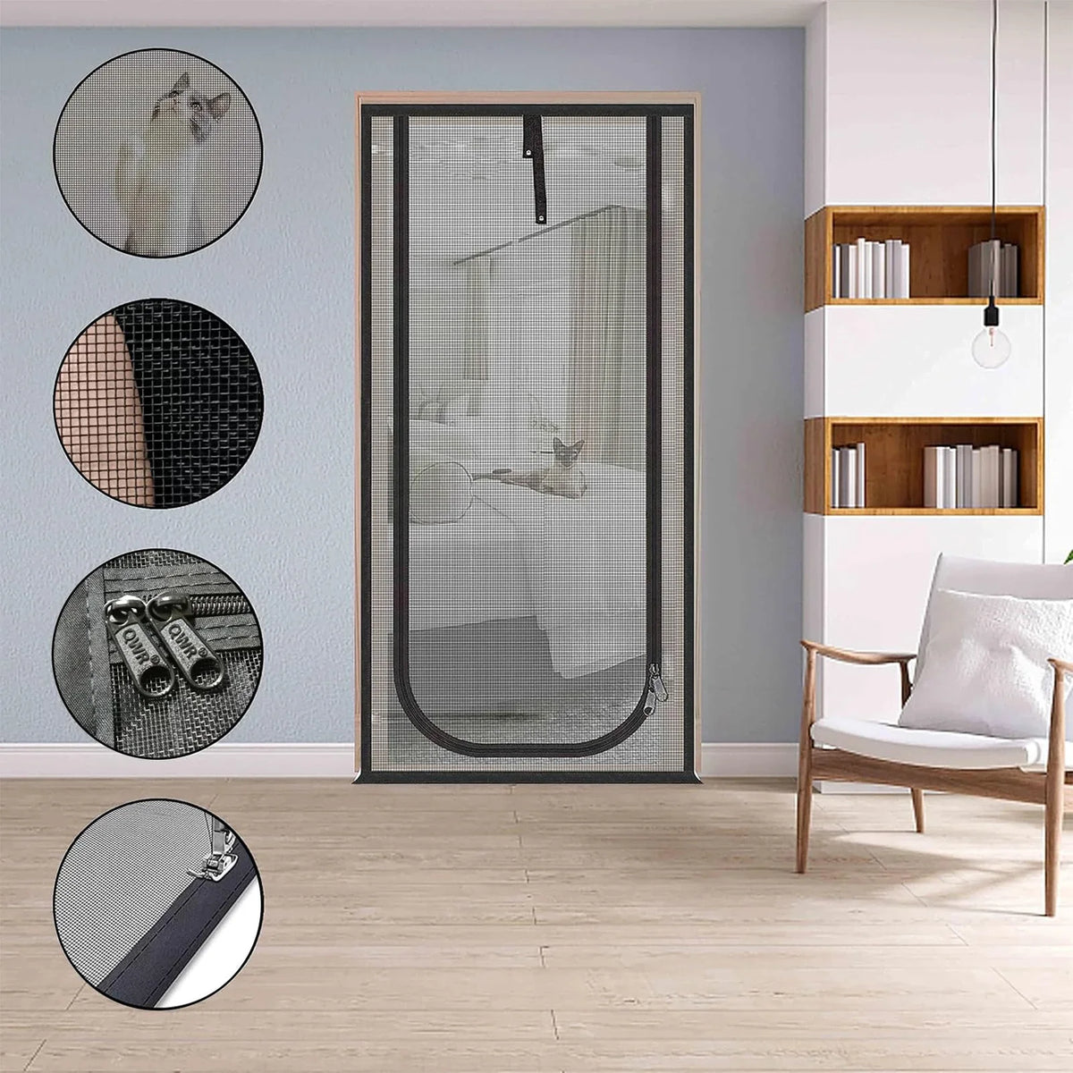 Pet Screen Door Curtain with Double Zipper – Scratch-Resistant Mesh for Interior Doors