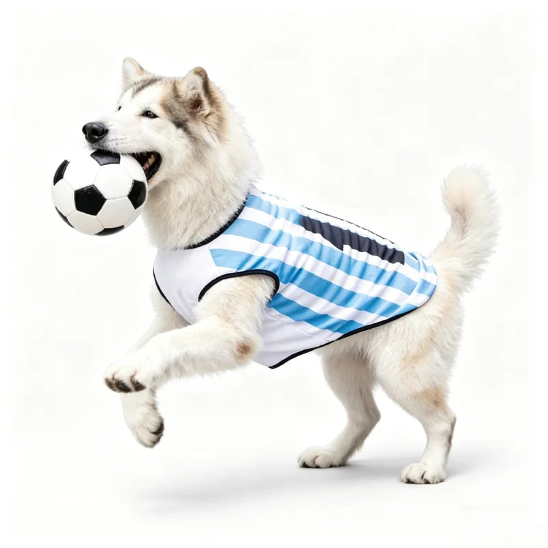 Un chien blanc et duveteux portant un gilet rayé bleu et blanc court en tenant un ballon de soccer.
