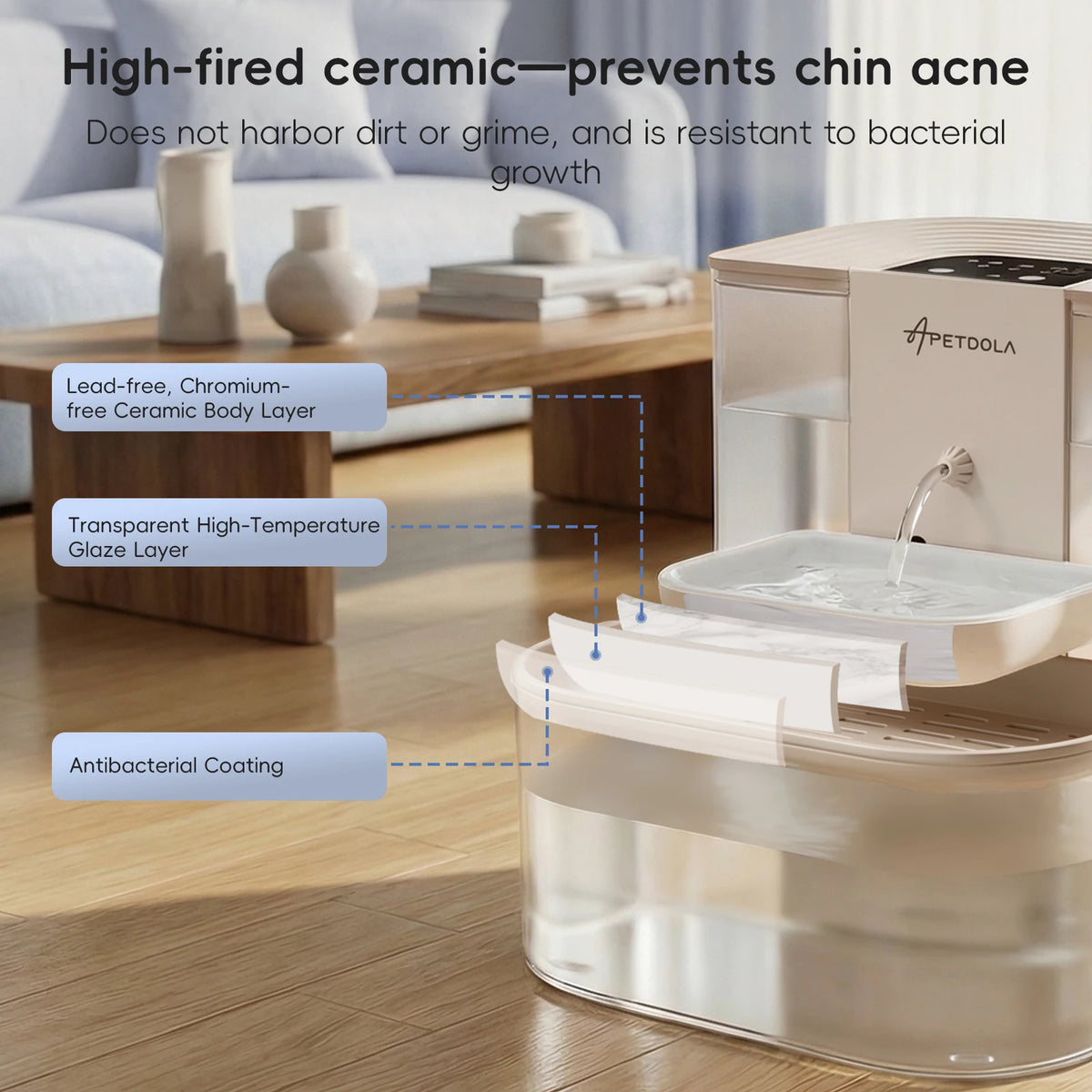A clear ceramic cat water fountain with an antibacterial coating is shown on a wooden surface.