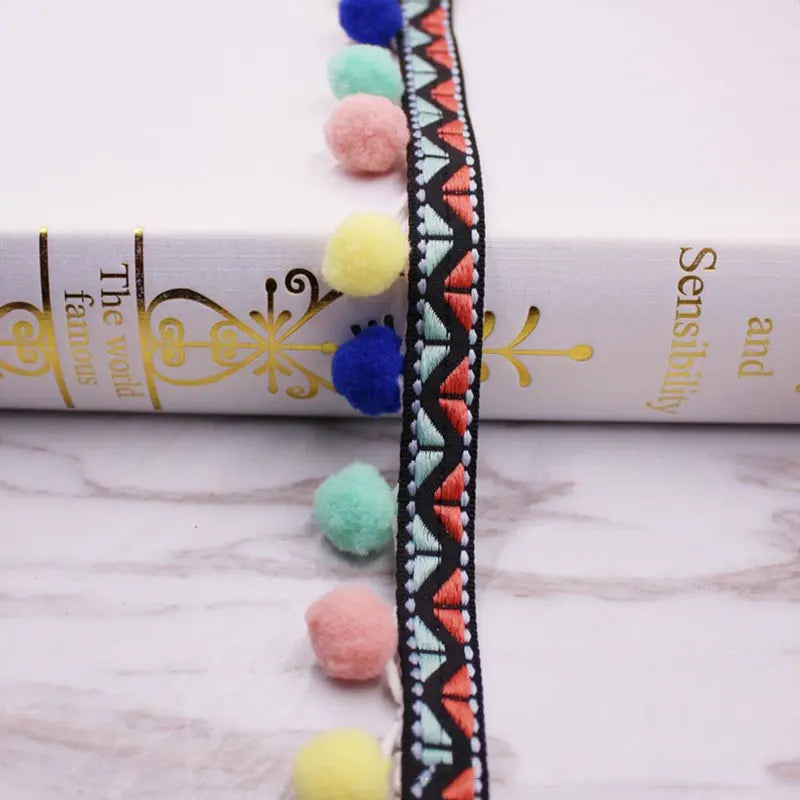 Close-up of a black lace trim featuring colorful pom poms in blue, pink, yellow, and green.