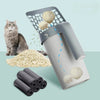 A gray cat is next to a plastic litter scoop with an integrated container and refill bags, showing the product for cat litter