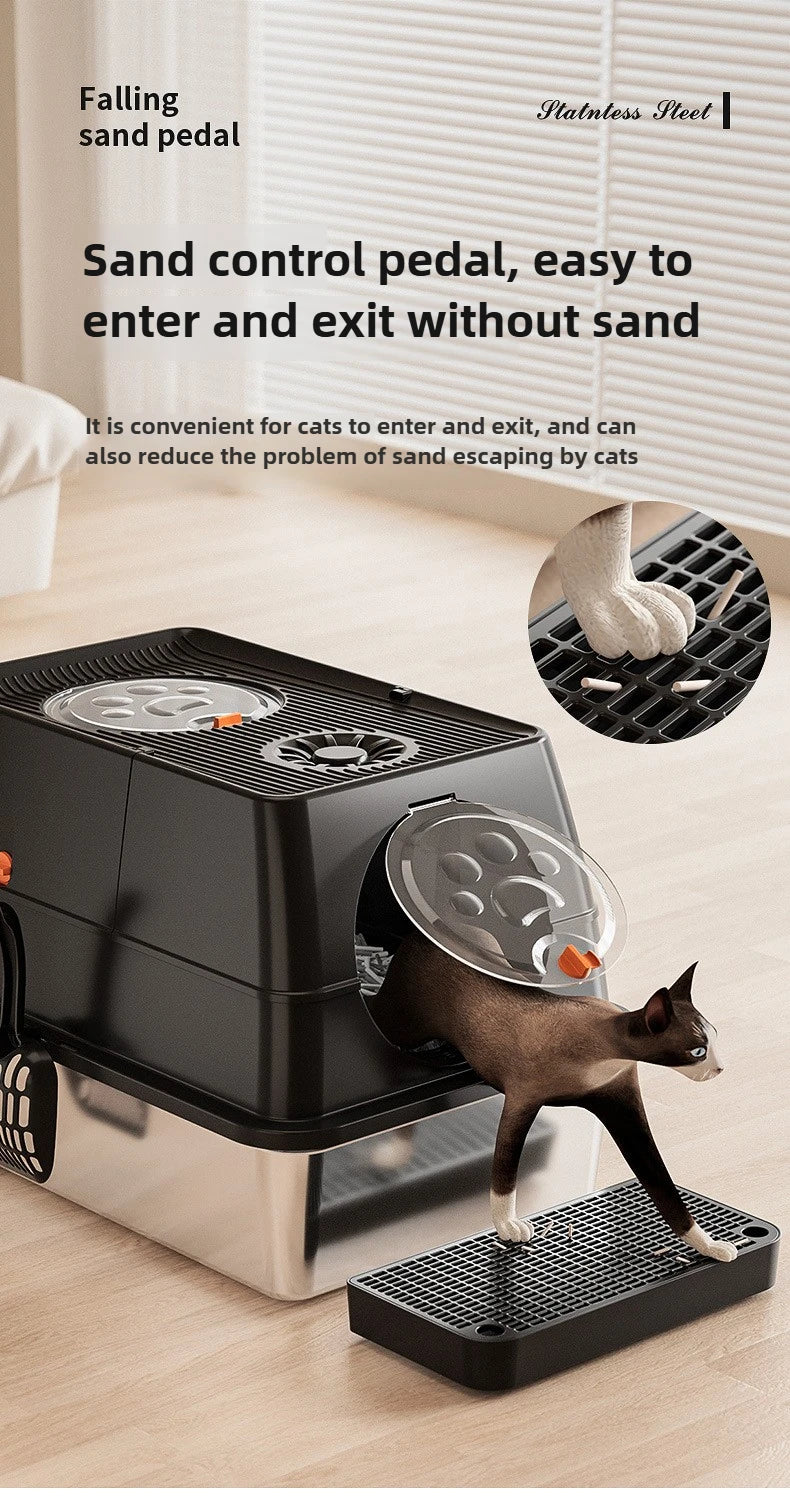 A black cat litter box with a stainless steel flip-top lid and a sand control pedal on the bottom.