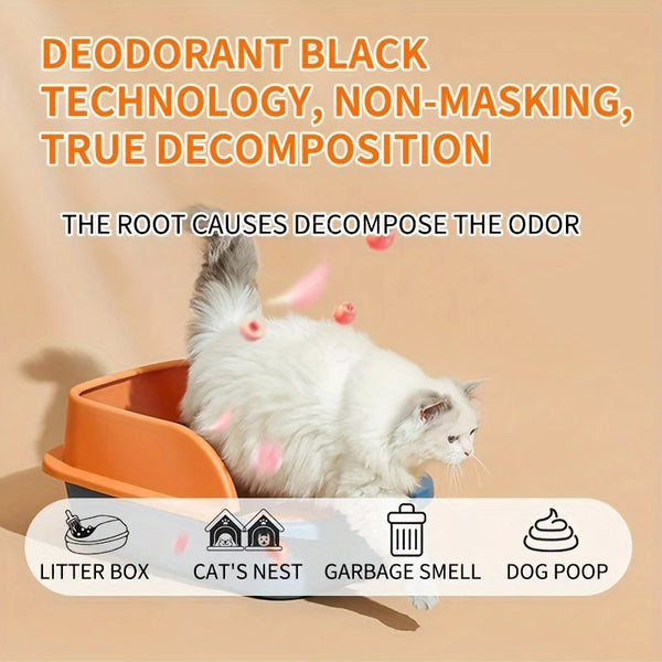 A white cat is shown near a litter box, illustrating the odor elimination technology for pet smells.