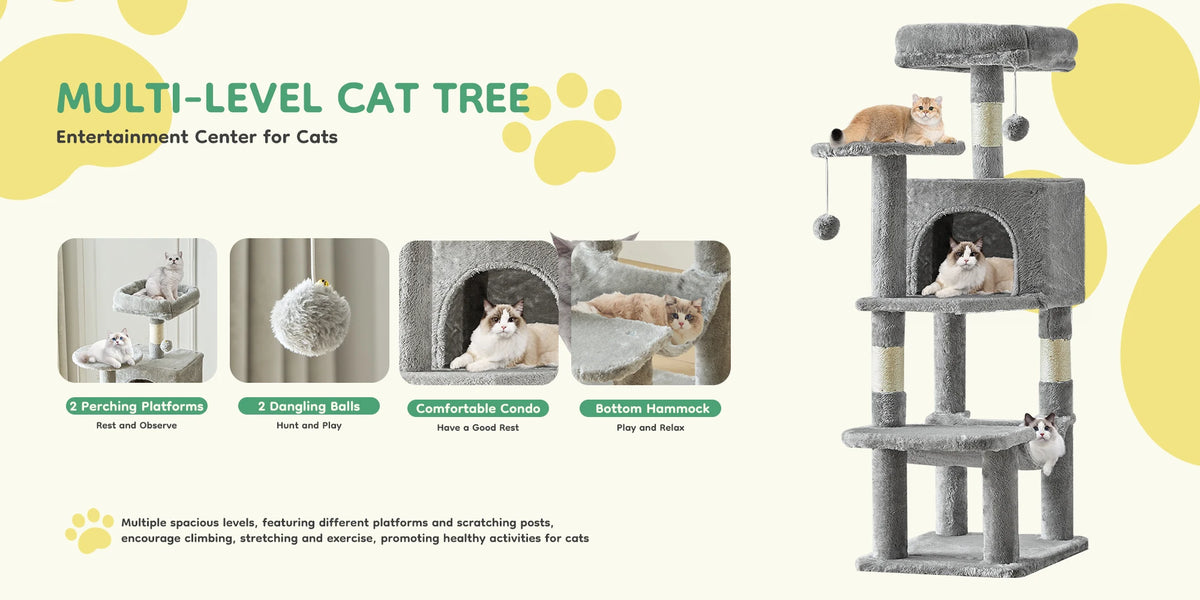 Arbre à chat à plusieurs niveaux avec plateformes, balles suspendues, condo et hamac pour chats d'intérieur.