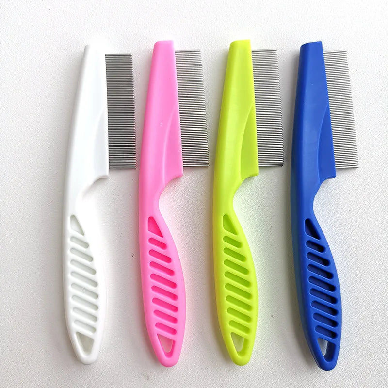 A set of four plastic grooming combs in white, pink, lime green, and blue.