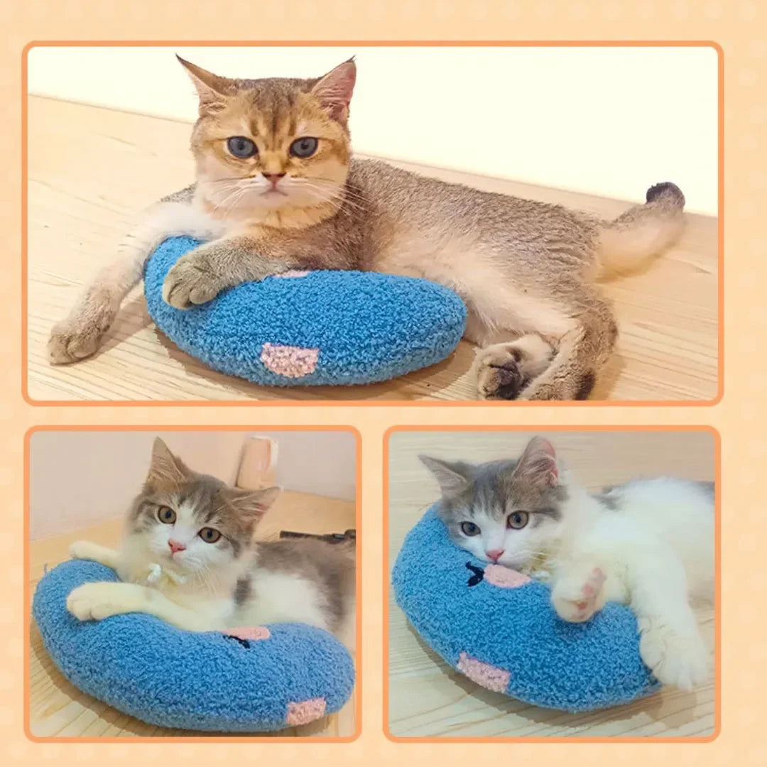 A fluffy tabby cat is resting on a blue U-shaped sleeping pillow with pink accents.