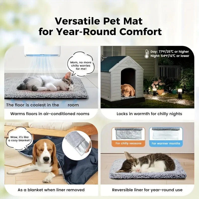 Versatile pet mat for year-round comfort showing a cat and dog using the reversible liner.