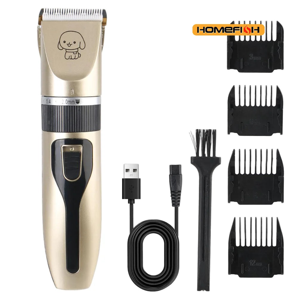 A beige pet grooming clipper with a black body and charging cable and multiple attachments.