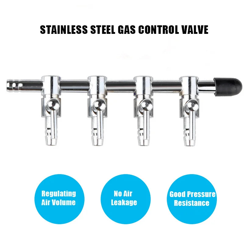 Stainless steel gas control valve with five outlets for aquarium air flow splitting