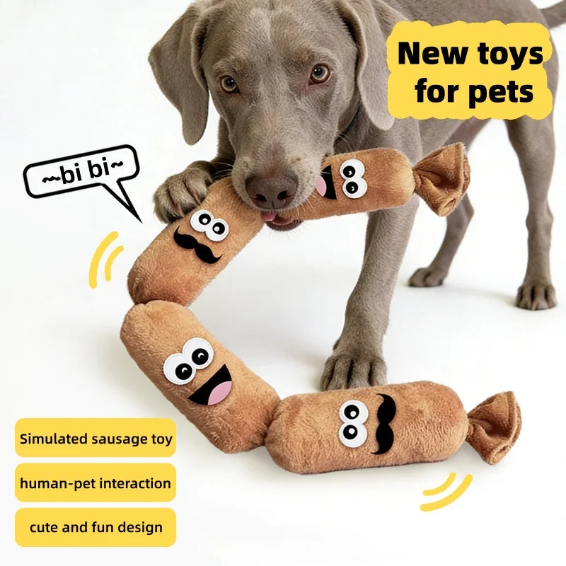 A dog is interacting with a sausage-shaped plush toy for pets, demonstrating human-pet interaction and cute design.