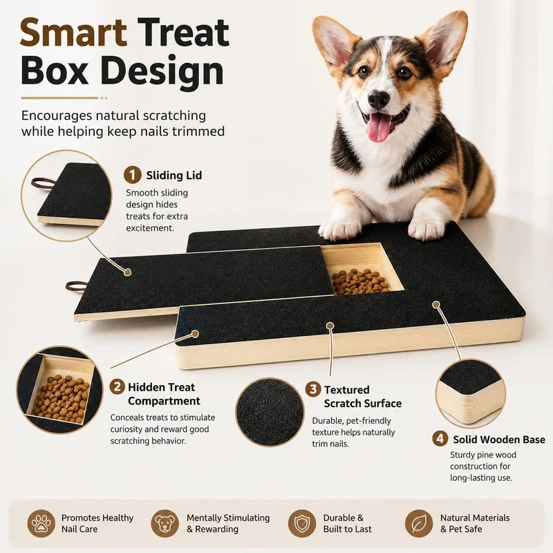Wooden Dog Nail Scratch Board with Treat Box and Sandpaper Pad