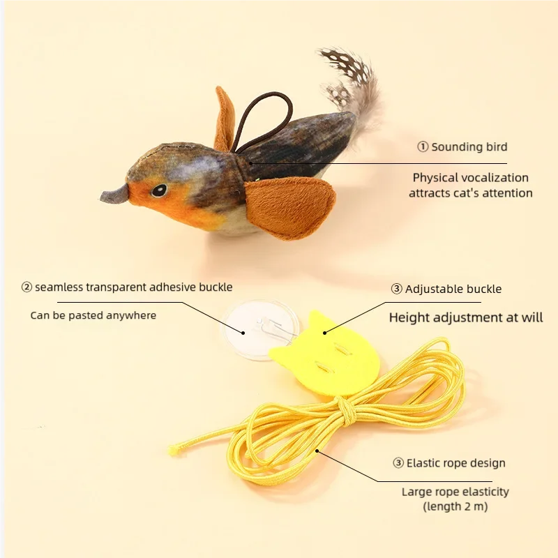 A realistic bird toy with an adjustable buckle and elastic rope designed to attract a cat's attention.