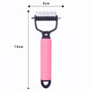A pink double-sided stainless steel dematting comb for dogs with a black handle.