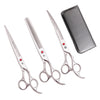 A set of professional stainless steel pet grooming scissors and comb displayed on a white background.