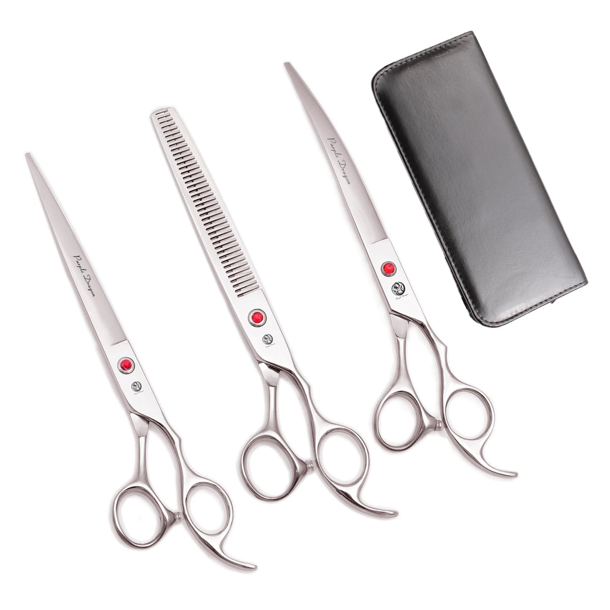 A set of professional stainless steel pet grooming scissors and comb displayed on a white background.