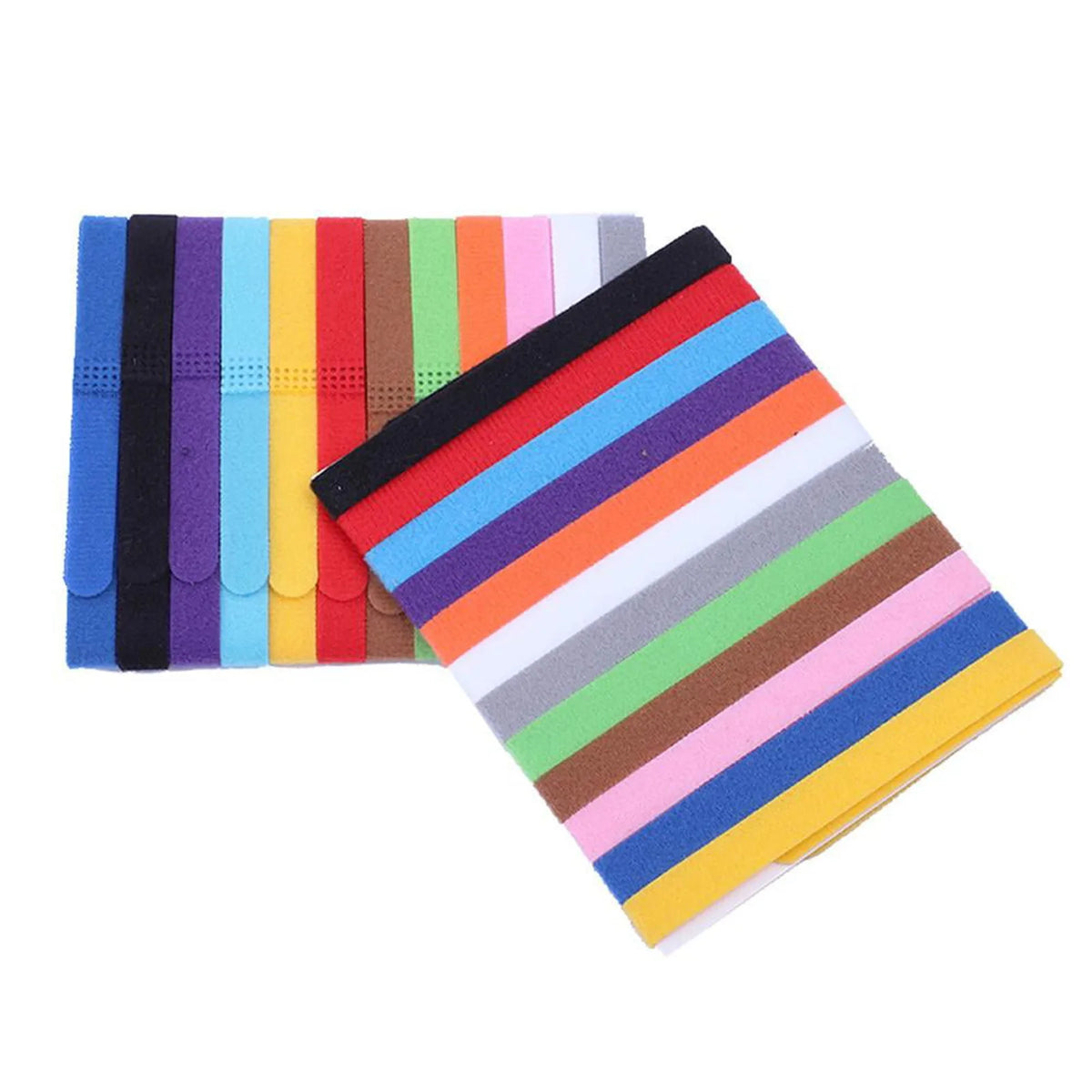 A pack of twelve soft adjustable nylon puppy collars in various stripes of colors including blue, black, red, orange, and pin